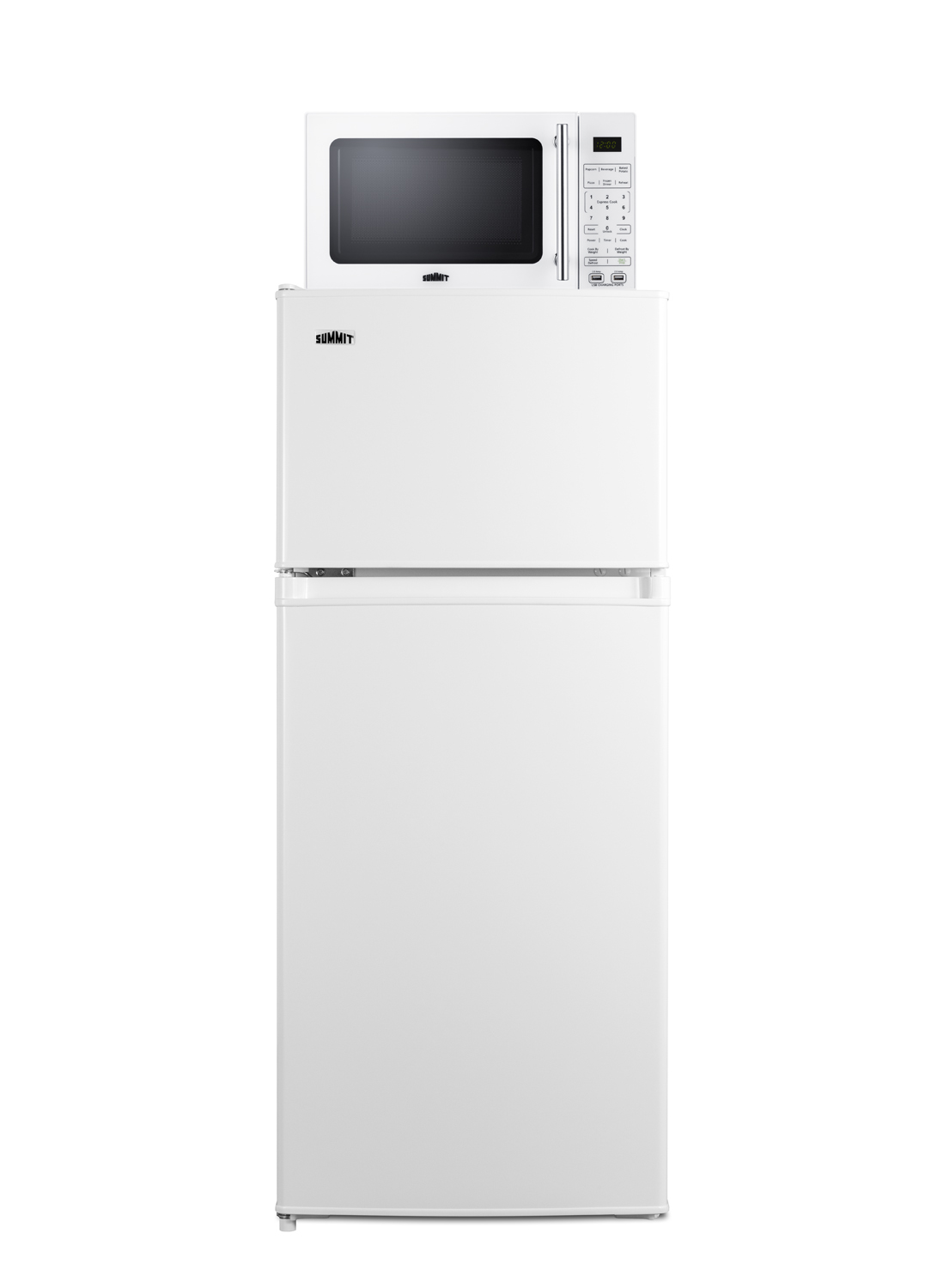 2-door mid-sized refrigerator-freezer and compact microwave in white with allocator and USB ports for 1-plug operation; ships in three boxes on one pallet